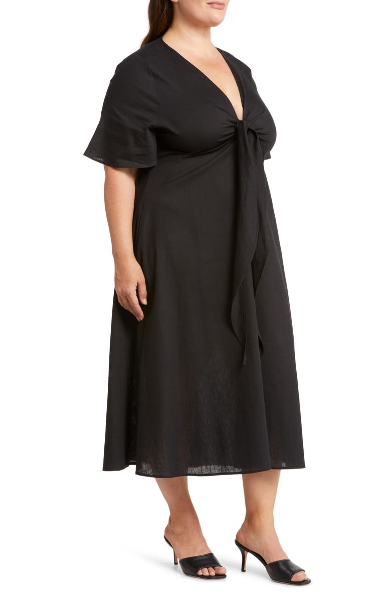 HARSHMAN Fiorella Tie Front Linen Blend Midi Dress, Alternate, color, 