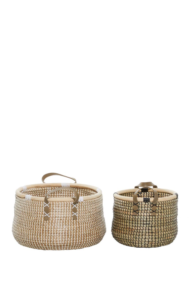 Brown Banana Leaf Contemporary Storage Basket with Handles - Set of 2, Alternate, color, BROWN