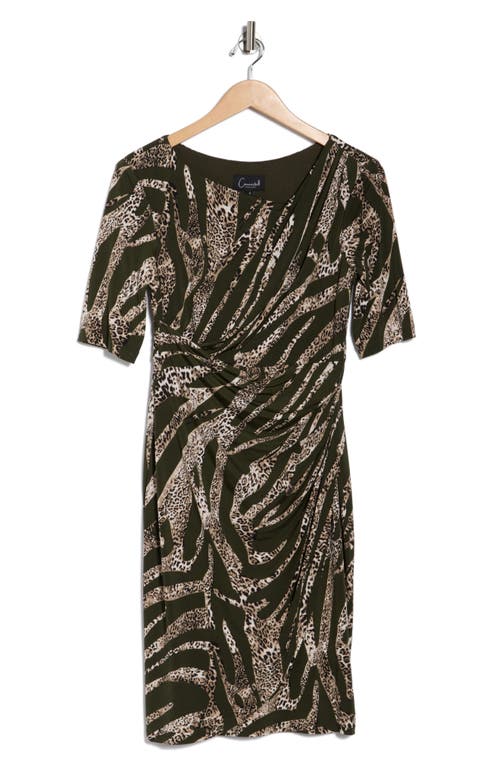 Connected Apparel Elbow Length Sleeve Faux Wrap Dress In Brown