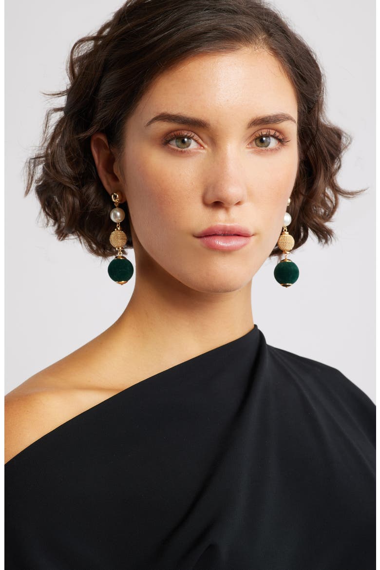 Orb Velvet & Faux Pearl Drop Earrings, Alternate, color, DARK GREEN- GOLD