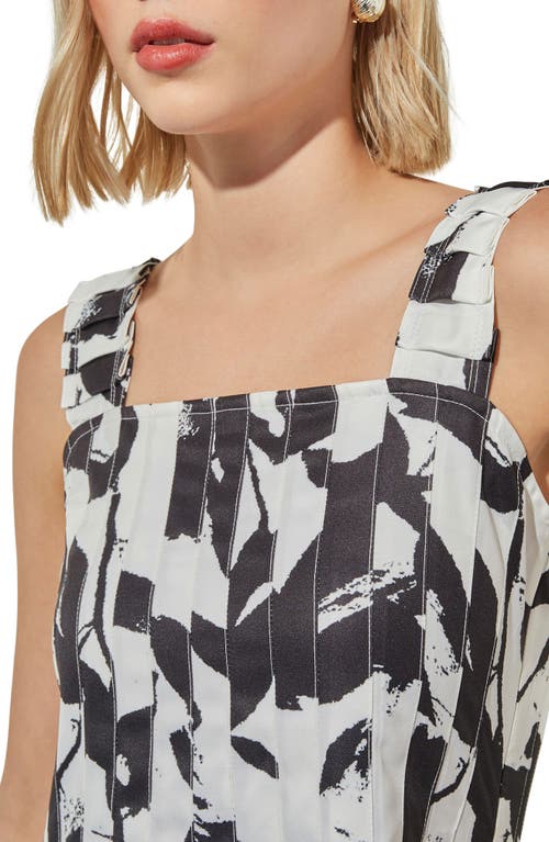 Ming Wang Pleated Floral Print Sleeveless Peplum Top In Black/white
