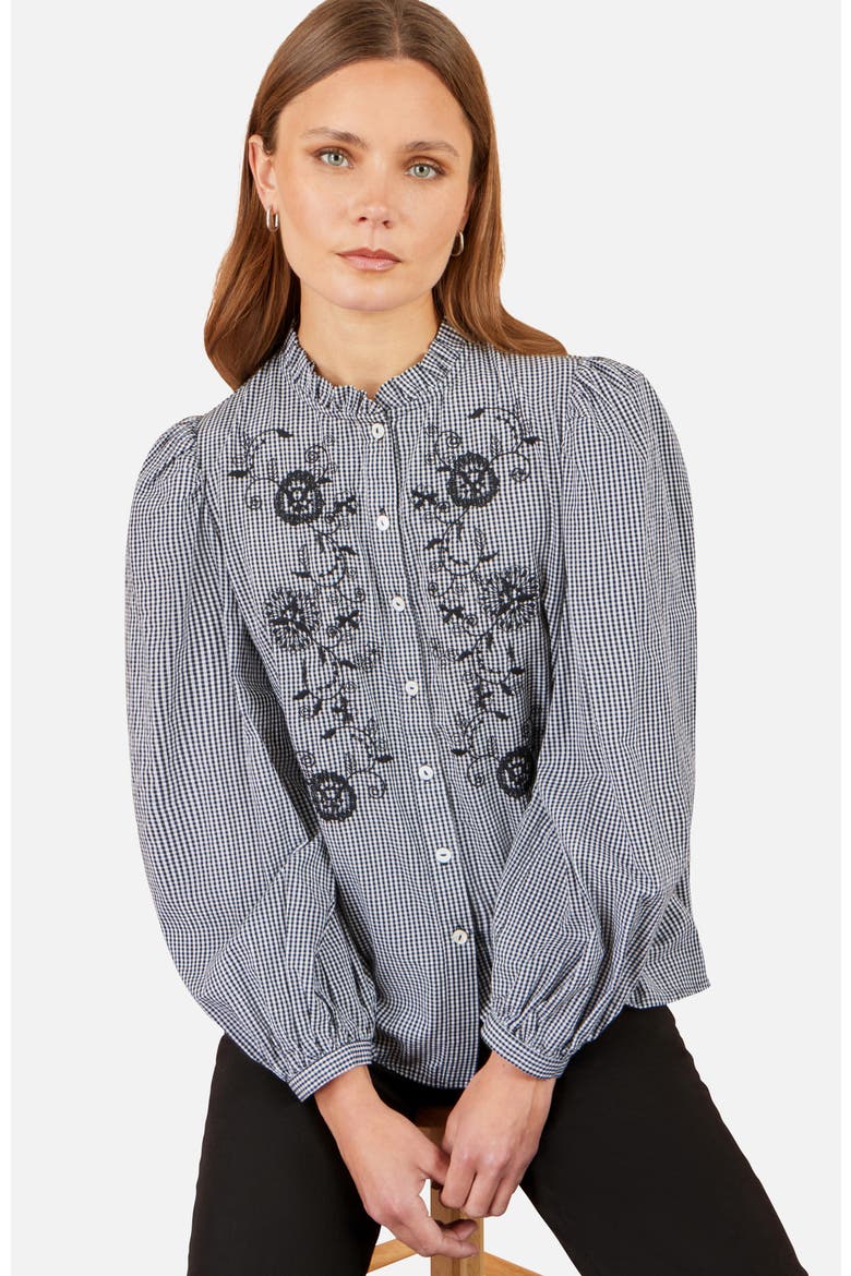 Cotton Gingham Embroidered Shirt, Alternate, color, Black