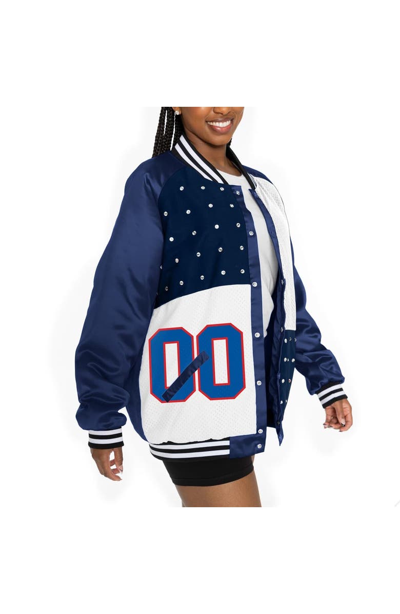 GAMEDAY COUTURE Women's Gameday Couture  Navy/White New England Patriots Oversized Hot Shot Rhinestone Throwback Full-Snap Varsity Bomber Jacket, Alternate, color, 