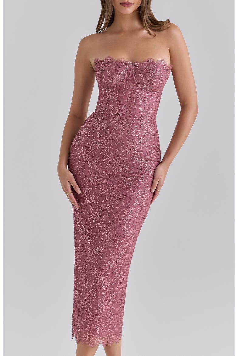 Alexia Metallic Lace Strapless Midi Dress, Alternate, color, ROSE PINK