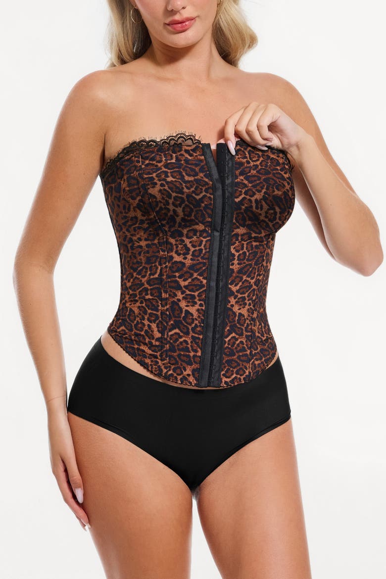 Leopard Lace Faux Denim Detachable Strap Corset Bustier, Alternate, color, Leopard