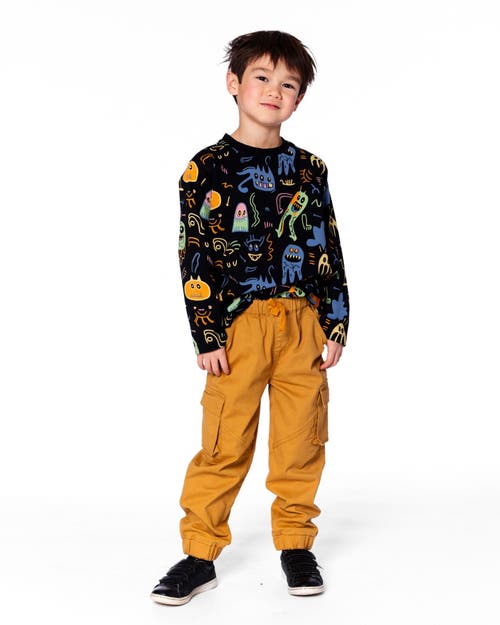 Deux Par Deux Long Sleeve Organic Cotton Allover Monsters Tee In Black
