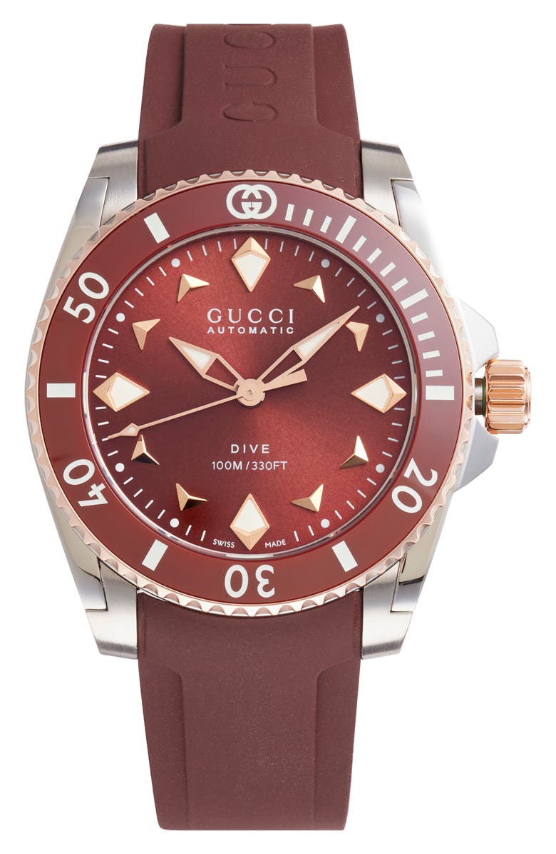 Gucci Dive Automatic Rubber Strap Watch, 36mm, Main, color, Red Burgundy