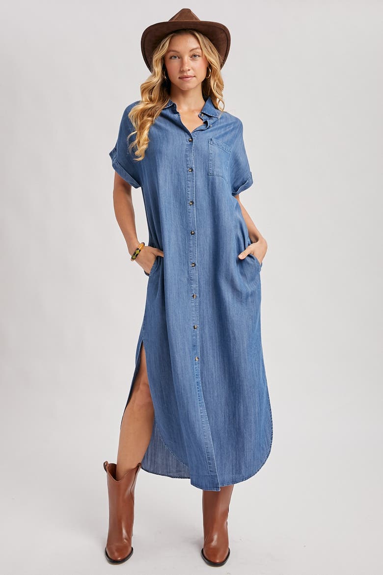 Chambray Button Down Shirt Dress, Alternate, color, Blue