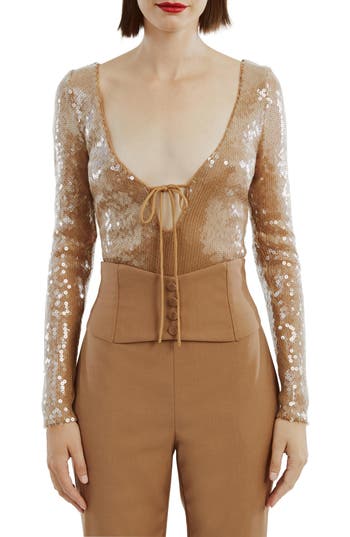 Bardot Verona Sequin Long Sleeve Bodysuit In Beige