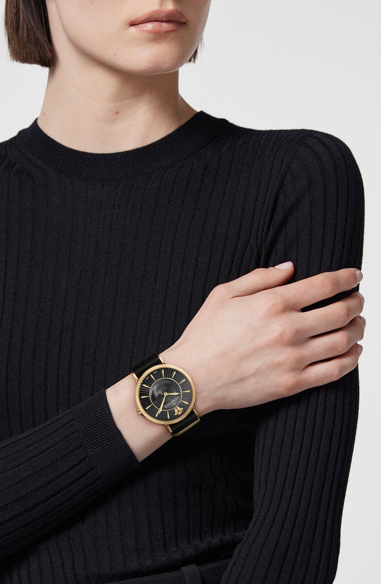 Versace V-Eternal Leather Strap Watch, Alternate, color, Gold