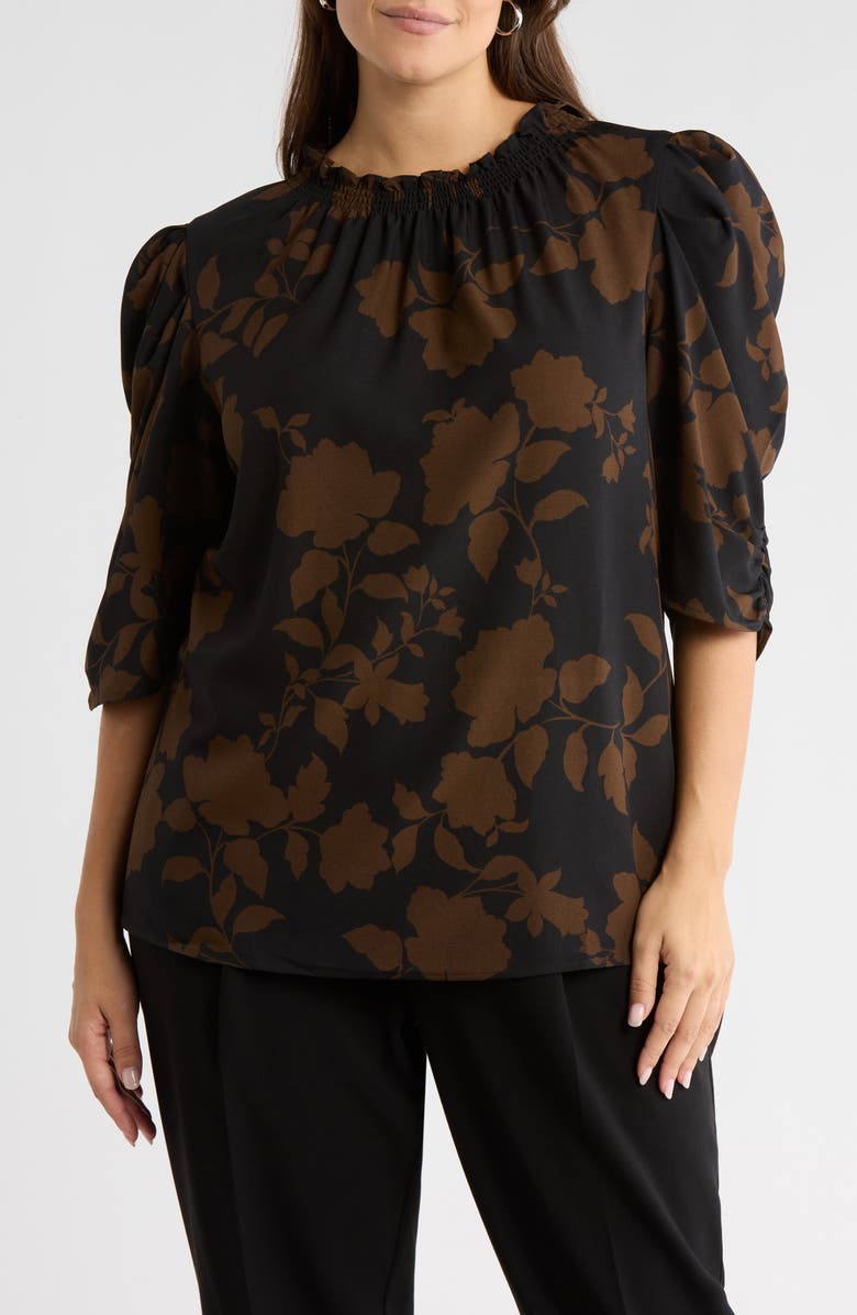 SUGARLIPS Floral Puff Sleeve Top, Main, color, Brown-Black