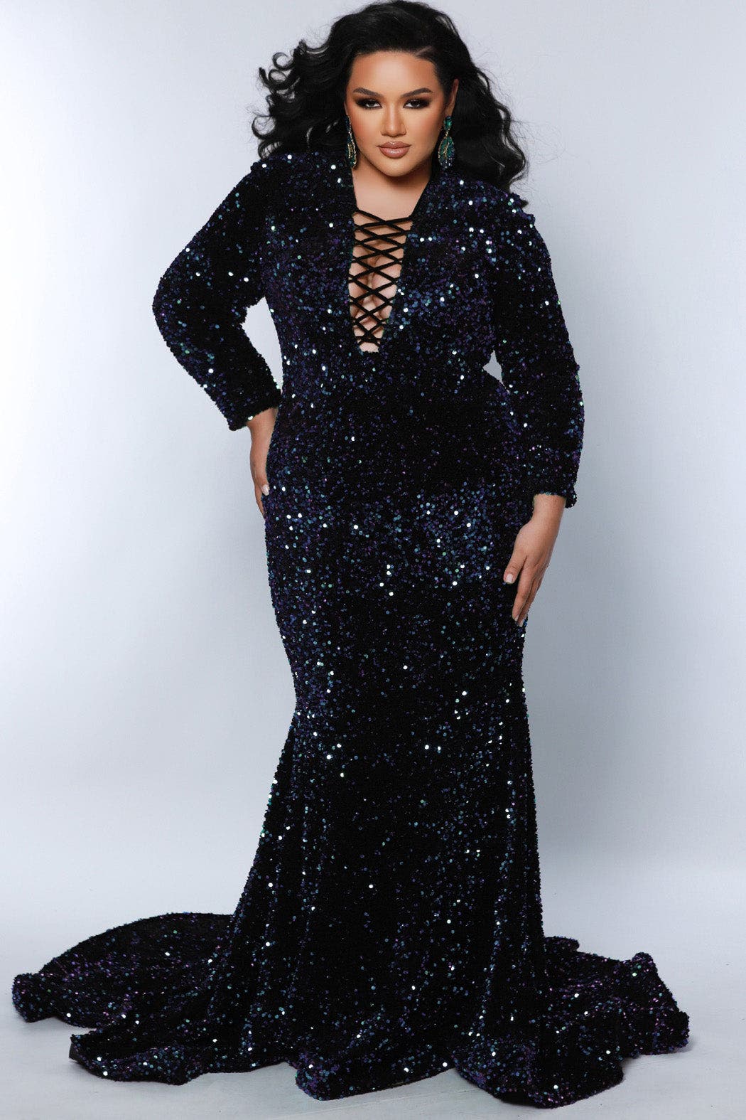 Johnathan Kayne for Sydney's Closet Long Sleeve Sequin Velvet Plus Size Evening Gown in Kaleidoscope 