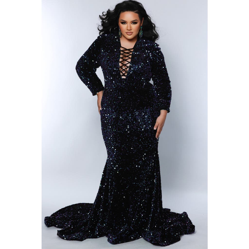Johnathan Kayne for Sydney's Closet Long Sleeve Sequin Velvet Plus Size Evening Gown in Kaleidoscope  product
