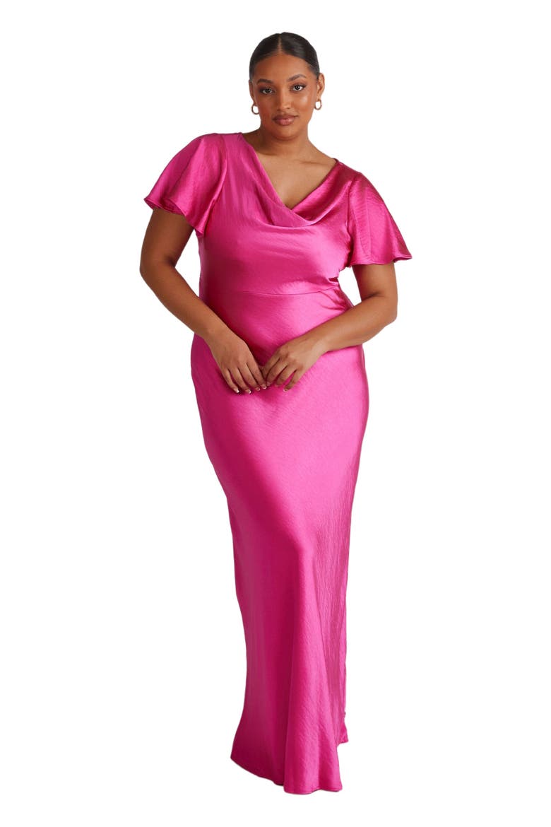 Flutter Sleeve Satin Bridesmaid Dress, Alternate, color, Fuchsia