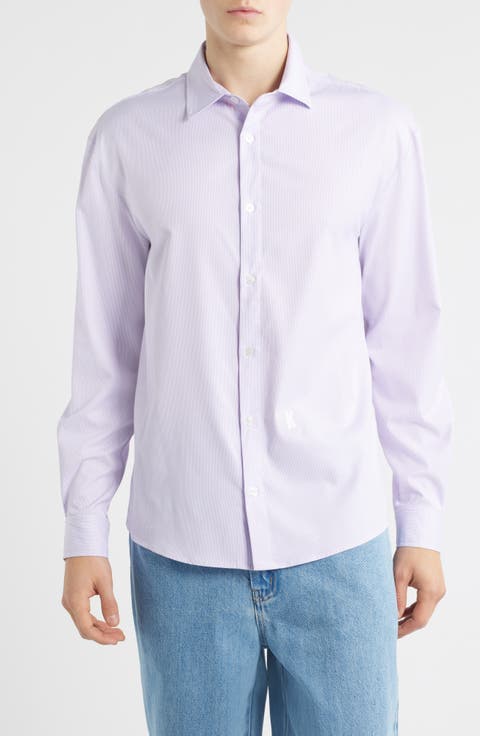 Regular Fit Light Purple Pinstripe Cotton Button-Up Shirt