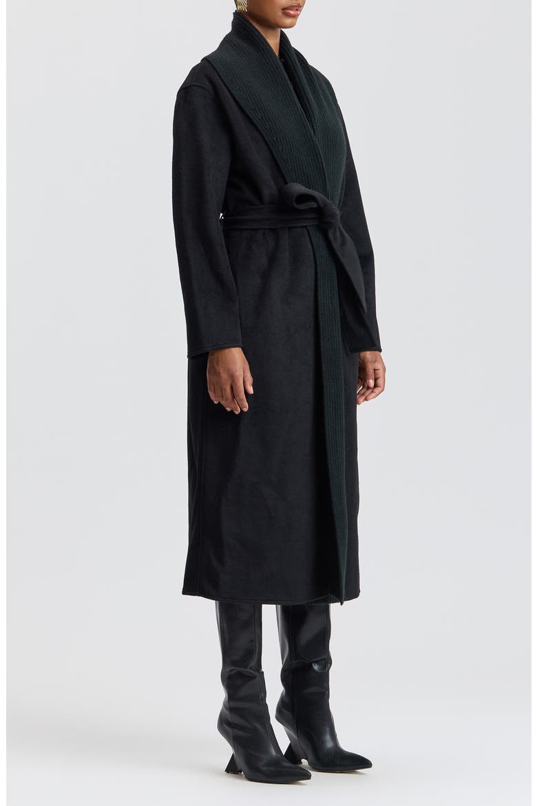 Mixed Media Shawl Collar Belted Coat, Alternate, color, BLACK
