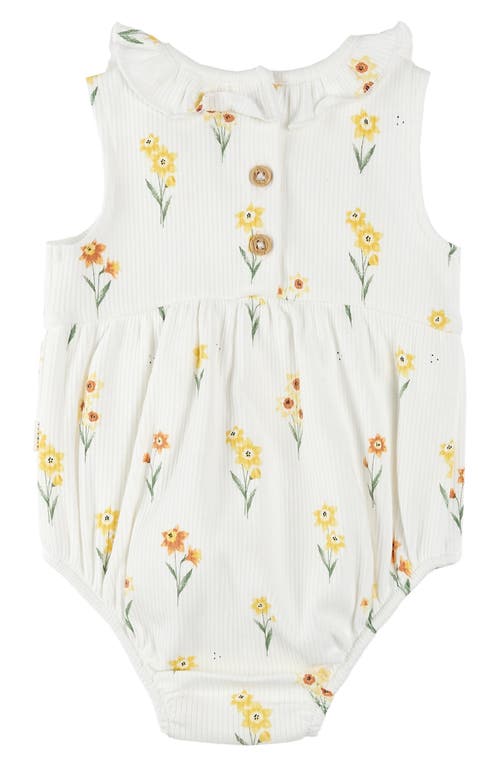 FIRSTS BY PETIT LEM FIRSTS BY PETIT LEM DAFFODIL PRINT COTTON RIB BUBBLE ROMPER 