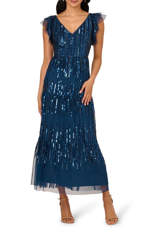 Sequin Tiered Mesh Gown
