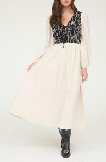 Blu Pepper Floral Embroidered Long Sleeve Midi Dress In White