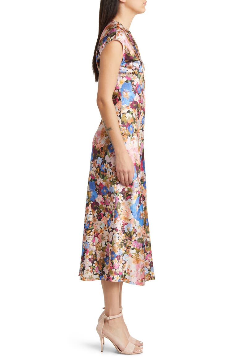 Slanno Floral Asymmetric Hem Midi Dress, Alternate, color, BLACK