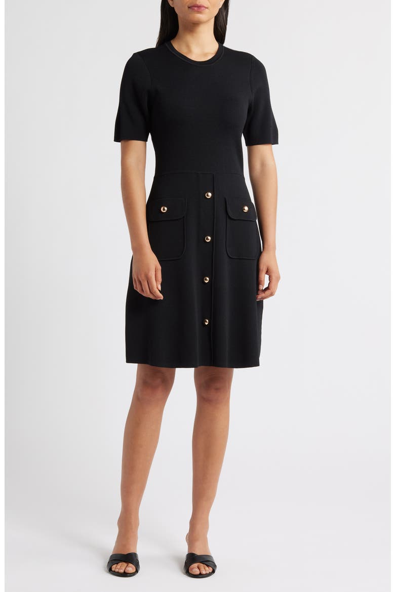 Patch Pocket Knit A-Line Dress, Main, color, BLACK