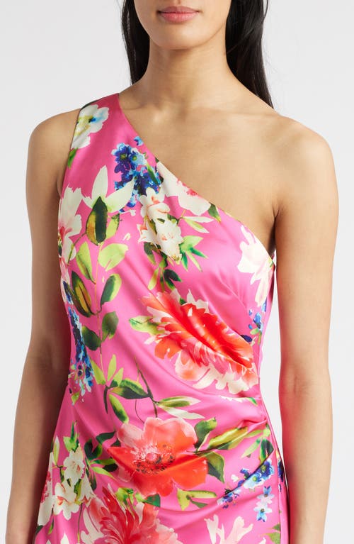 Shop Eliza J One Shoulder Floral Asymmetric Satin Cocktail Dress In Hot Pink
