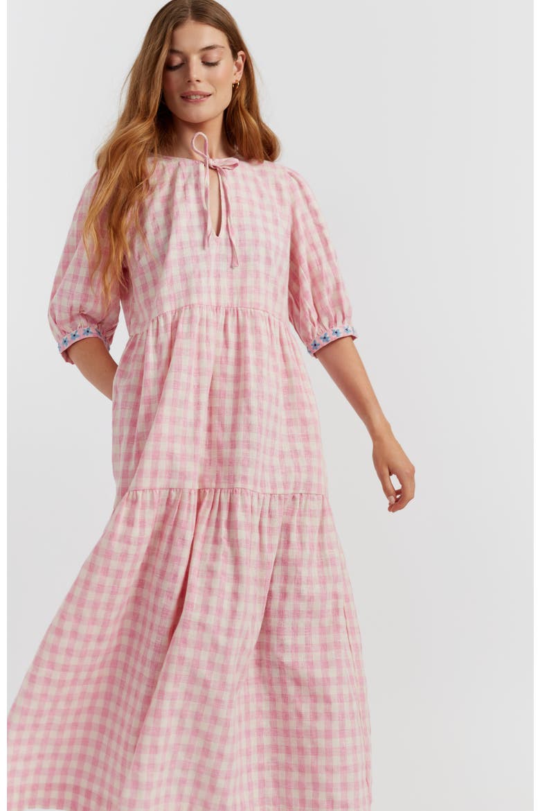 Linen Blend Gingham Day Dress, Alternate, color, Pink Gingham
