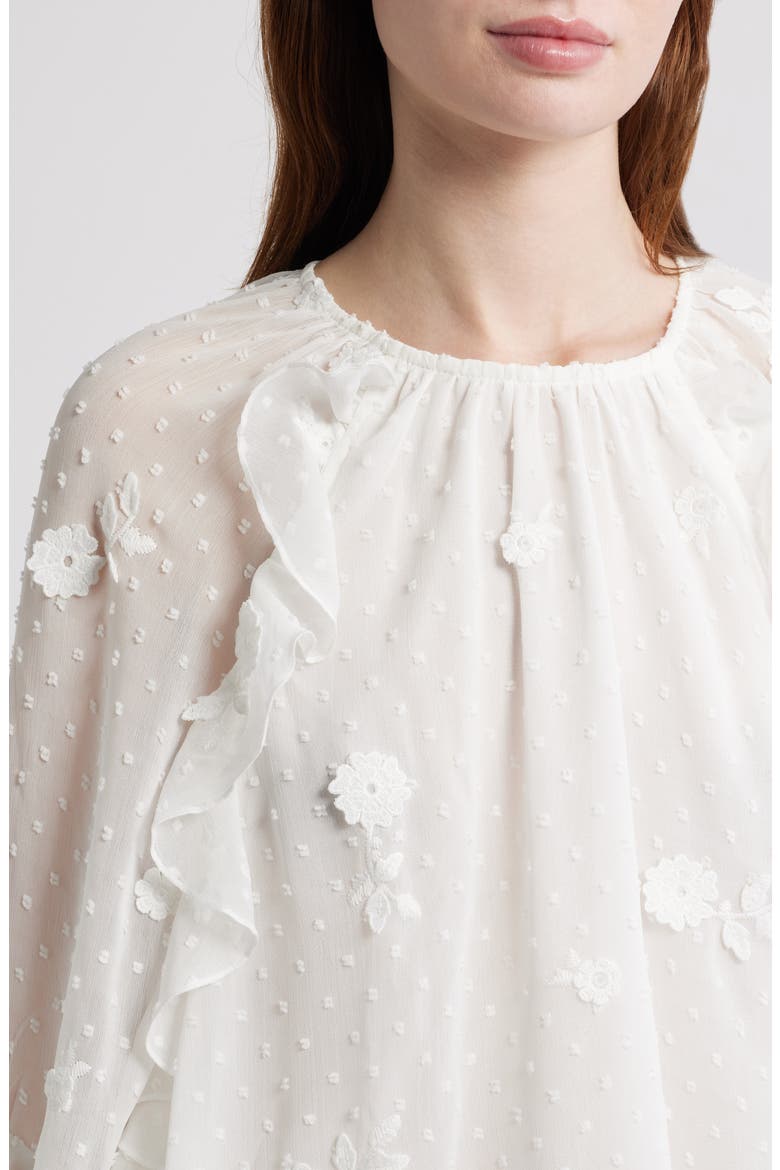 Floral Appliqué & Clip Dot Chiffon Top, Alternate, color, WHITE