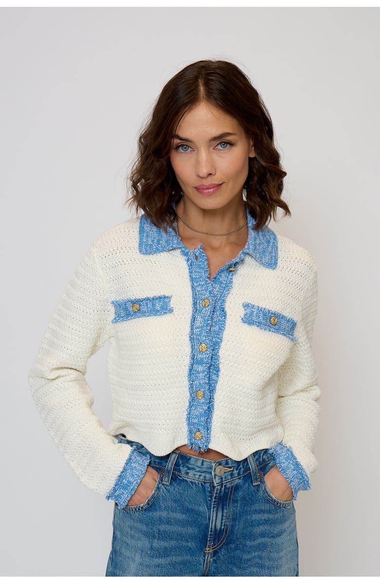 Central Park West Women
s Rose Scallop Edge Sweater, Main, color, Denim/White