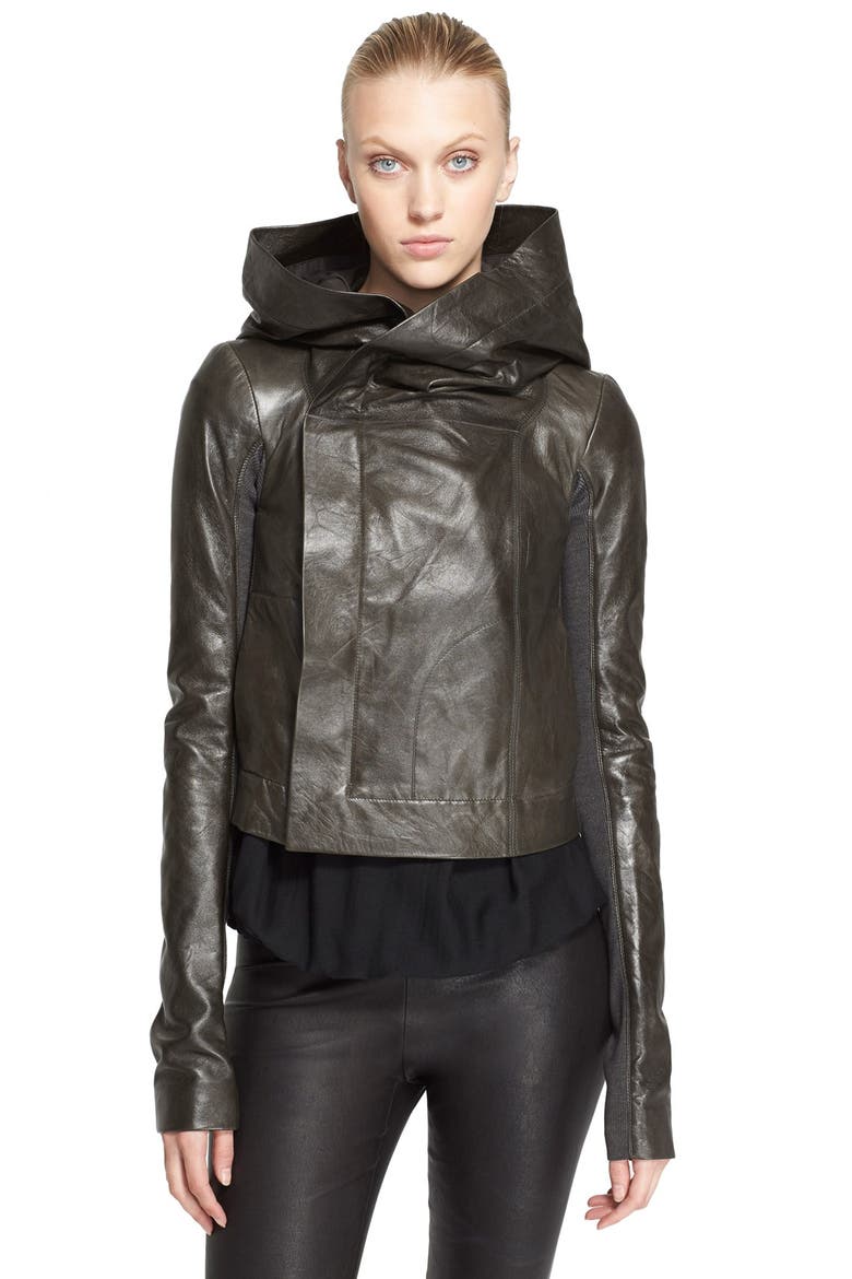 Lambskin Leather Hooded Biker Jacket, Alternate, color, DARK DUST