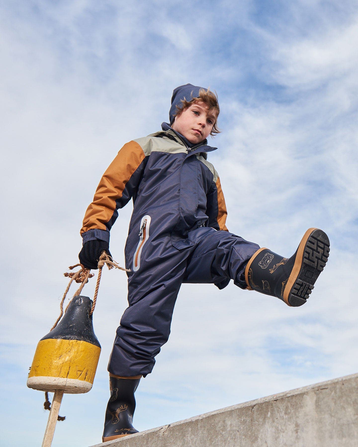 Deux par Deux Boy's Printed Rain Boots Beige Animals On Black Background, Alternate, color, 