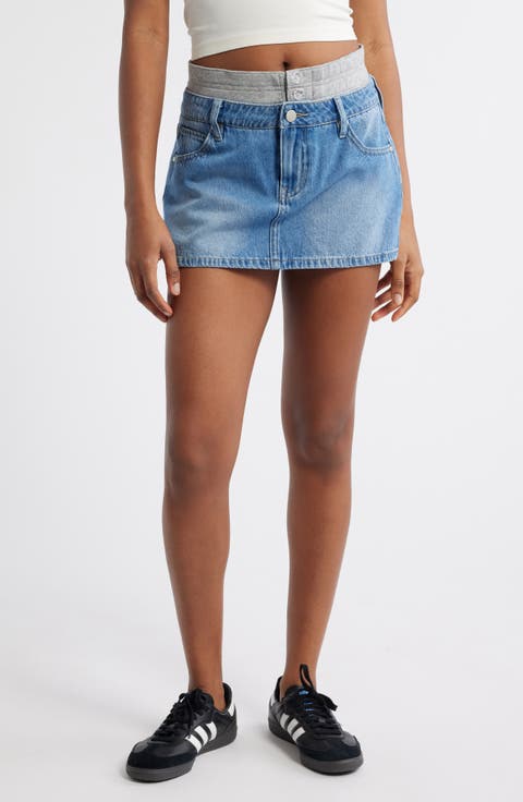 Double Contrast Waistband Denim Miniskirt