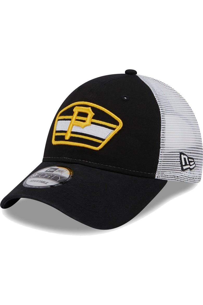 Men's New Era Black/White Pittsburgh Pirates Logo Patch 9FORTY Trucker Snapback Hat, Main, color, Black