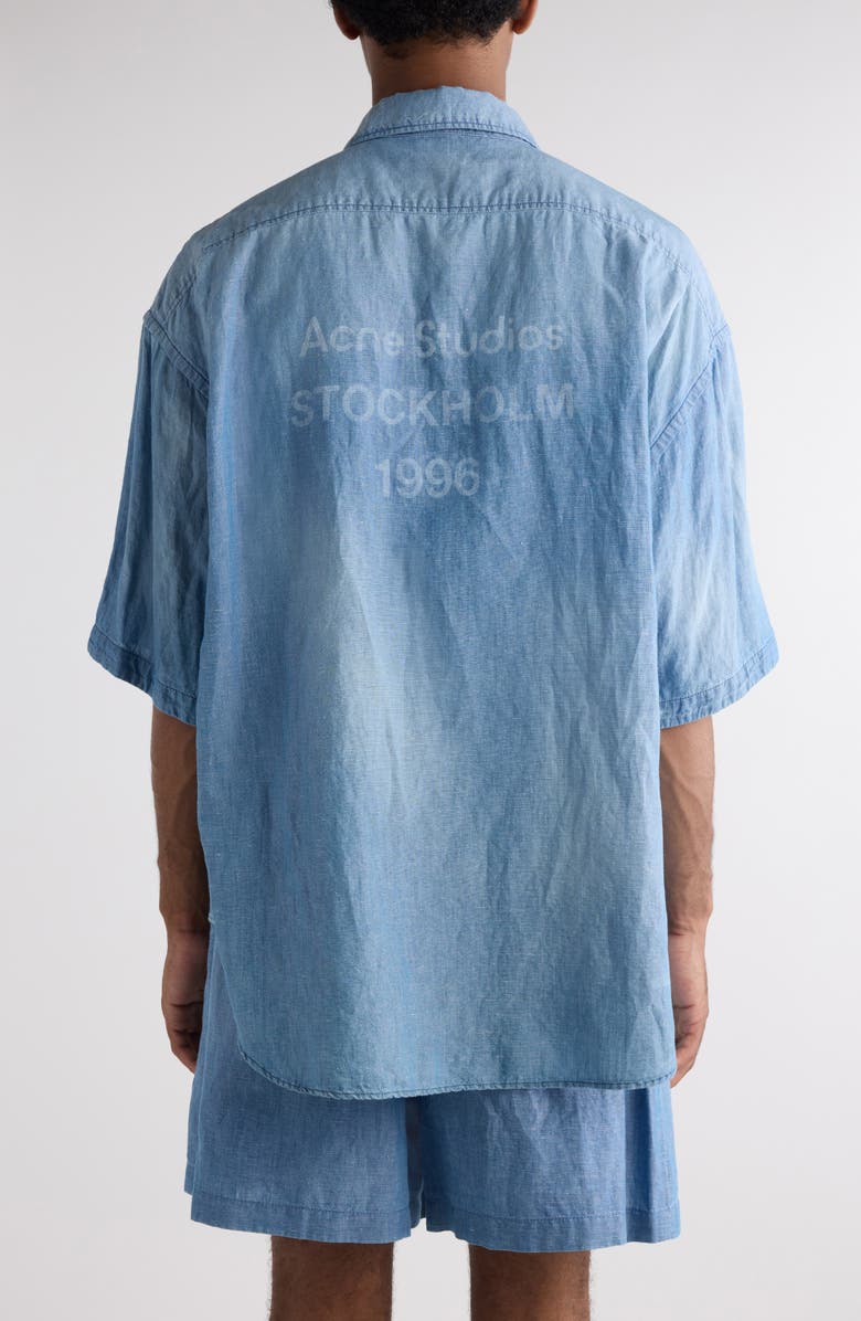 Acne Studios Oversize Short Sleeve Cotton & Linen Chambray Button-Up Shirt, Alternate, color, Mid Blue