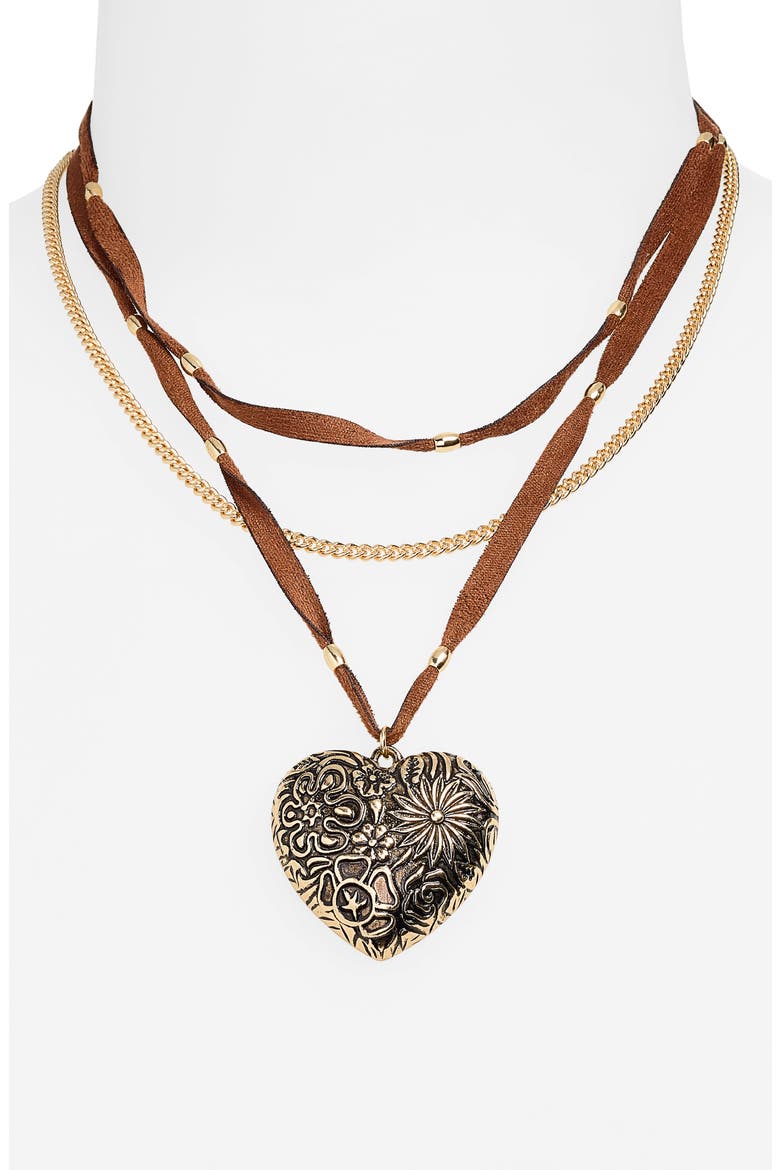 Engraved Heart Charm Layered Suede Necklace, Alternate, color, GOLD- BROWN