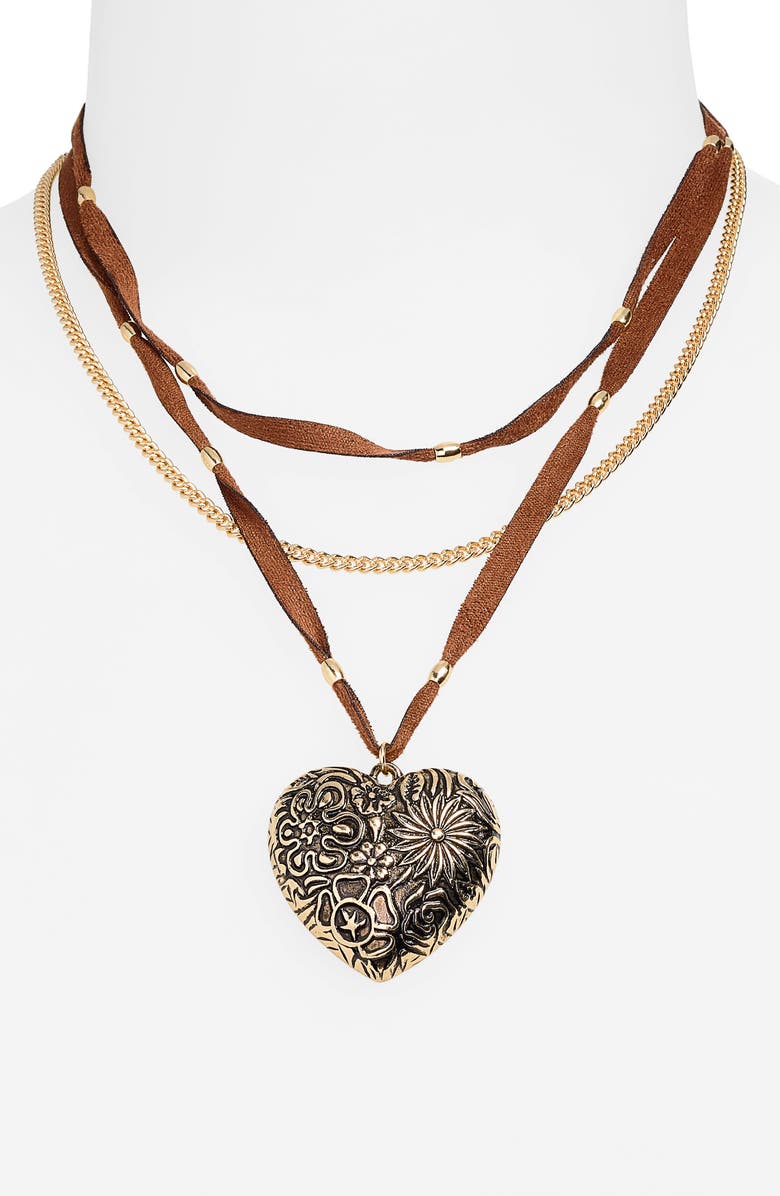 BP. Engraved Heart Charm Layered Suede Necklace, Alternate, color, Gold- Brown