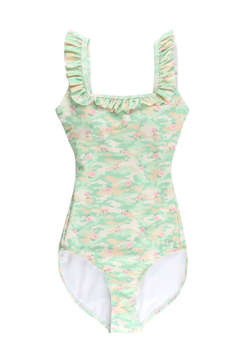 UPF50+ Women's Ruffle One Piece Swimsuit, Main, color, Sage Blossom Camo