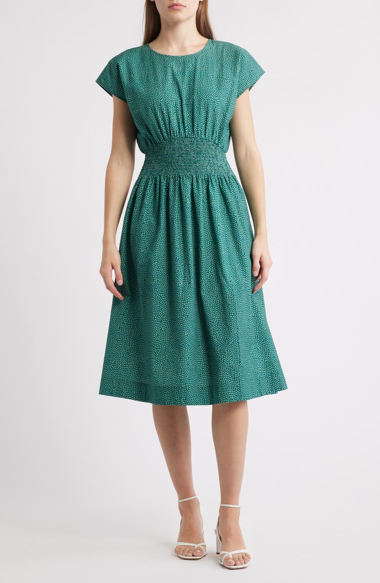 MARGARET O'LEARY Valencia Print Smocked Waist Midi Dress, Main, color, Teal Spots