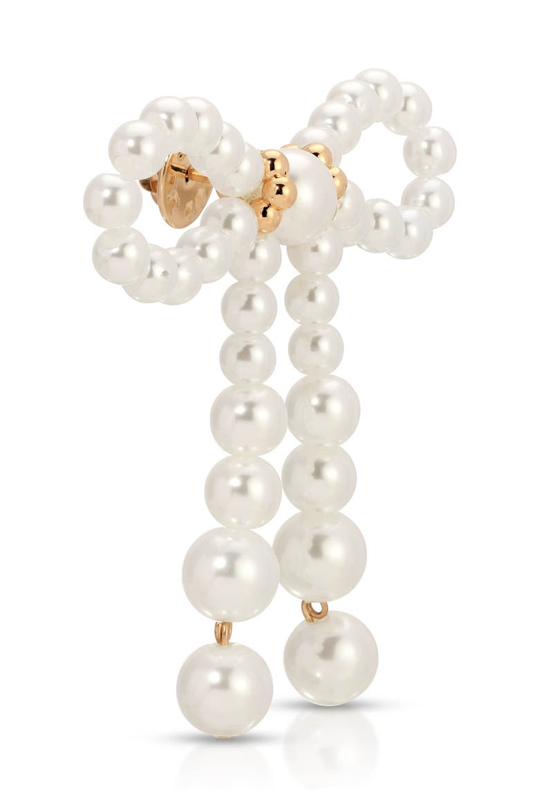 Faux Pearl Bow Brooch, Alternate, color, GOLD