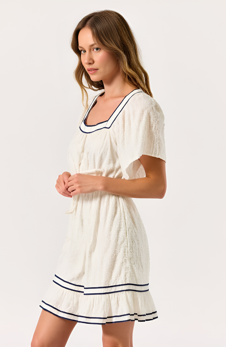 Modenaire Short-Sleeve Square-Neck Contrast Trim Mini Dress, Alternate, color, Ivory