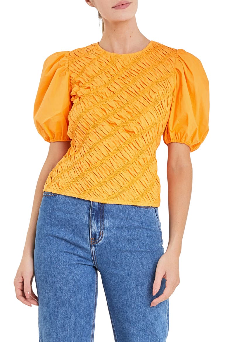 Asymmetric Shirred Puff Sleeve Top, Main, color, ORANGE