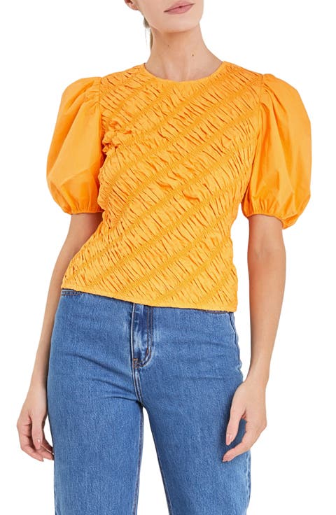 Asymmetric Shirred Puff Sleeve Top