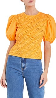 English Factory Asymmetric Shirred Puff Sleeve Top