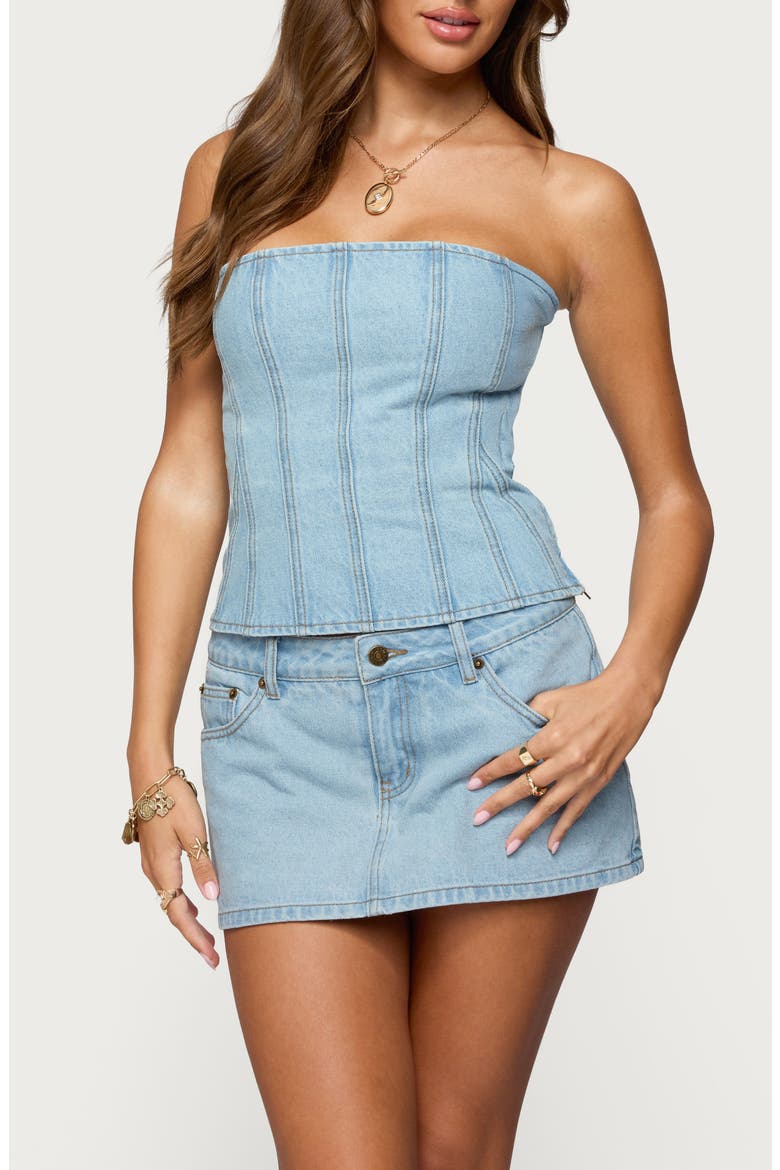 Camelia Strapless Denim Corset Top, Main, color, LIGHT-BLUE