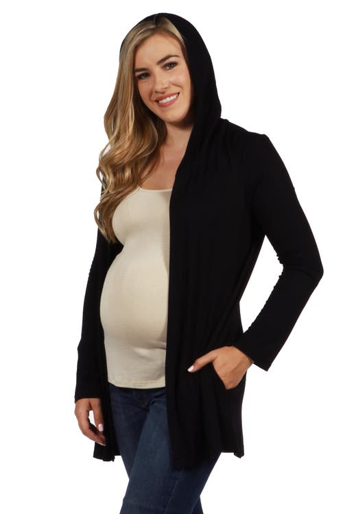 24seven Comfort Apparel Open Front Lightweight Hooded Maternity Cardigan In Black