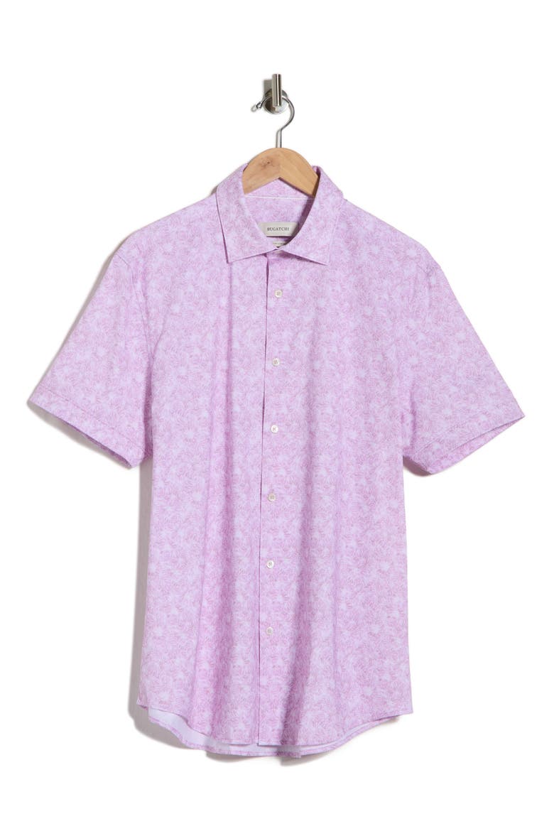 Abstract Print Stretch Cotton Short Sleeve Button-Up Shirt, Main, color, PINK