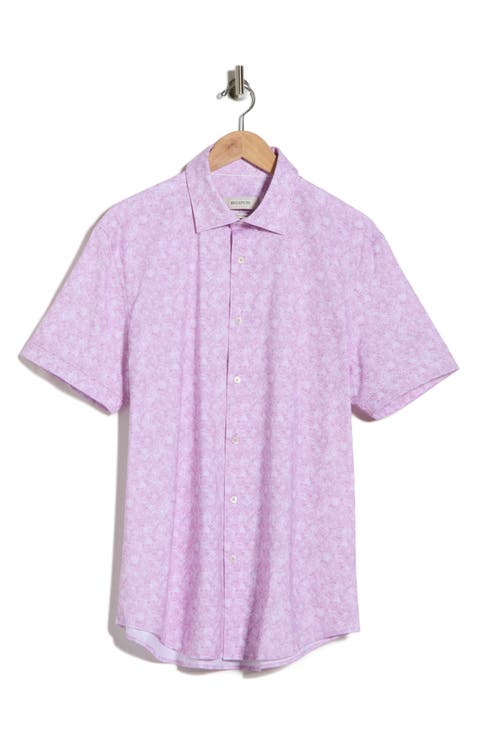 Abstract Print Stretch Cotton Short Sleeve Button-Up Shirt