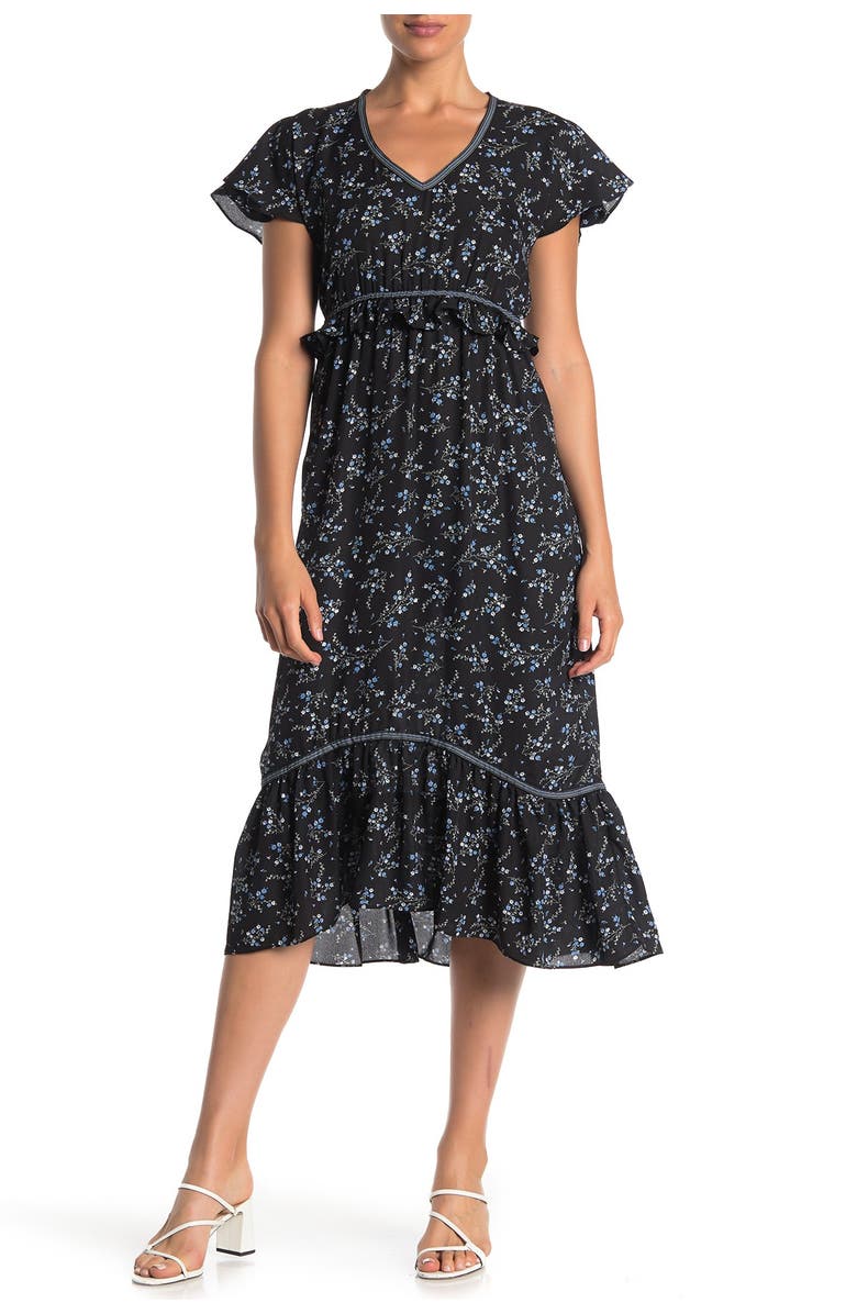 MAX STUDIO Floral V-Neck Flutter Sleeve Midi Dress, Main, color, 