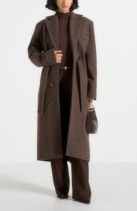 Jena Wide Shoulder Wool Coat with Cinch Belt