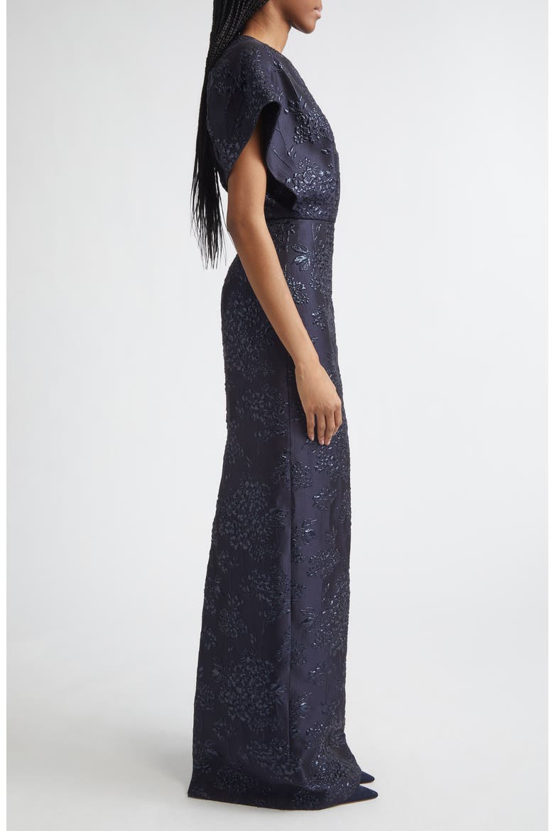 Fan Bodice Floral Metallic Jacquard Column Gown, Alternate, color, MIDNIGHT